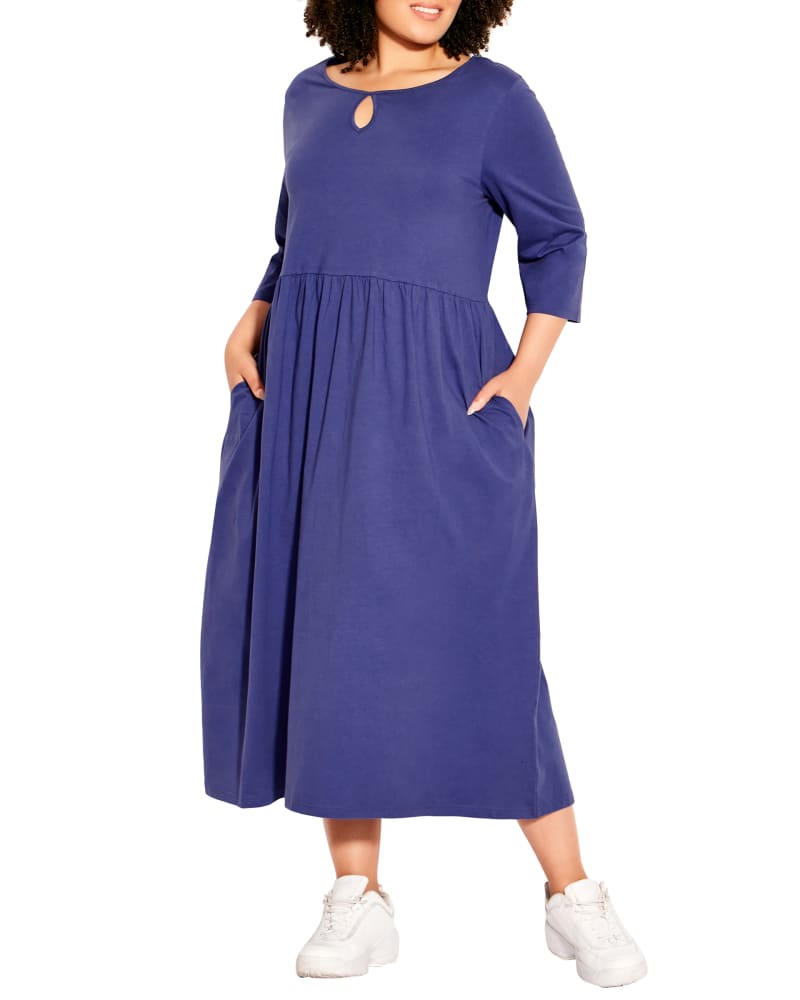 Front of a model wearing a size 14 Faith Tip Toe Knit Dress in Purple by Loralette. | dia_product_style_image_id:234313